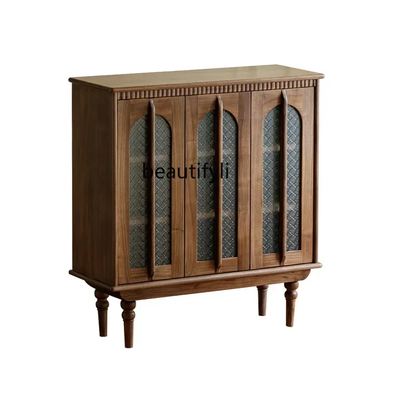 

North American black walnut solid wood French retro display cabinet living room medieval vertical cabinet sofa TV side cabinet07