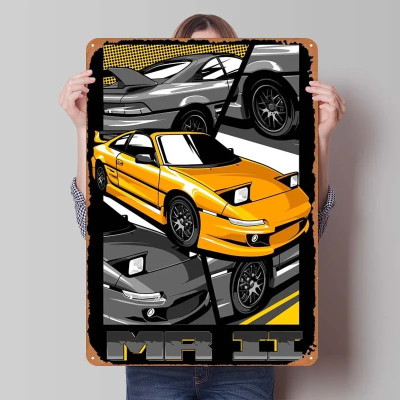 Toyota MR2 Yellow Car Metal Sign Poster Art Mural Vintage Tinplate Sign for Garage Wall Art Decoration House Decor Man Cave Home