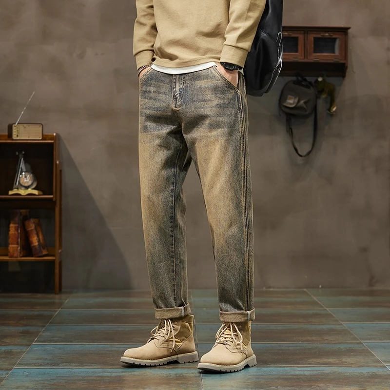 Autumn and Winter Men's Loose 95% Cotton Jeans Retro Yellow Mud Street Hip-hop Baggy Harem Pants Outdoor Boys Workwear Pants