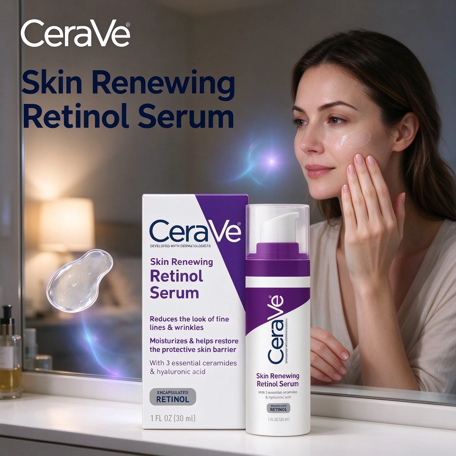 CeraVe Skin Renewing Retinol Serum 1 FL OZ /30ml Smoothing Wrinkles Niacinamide Ceramides Facial Skin Serum