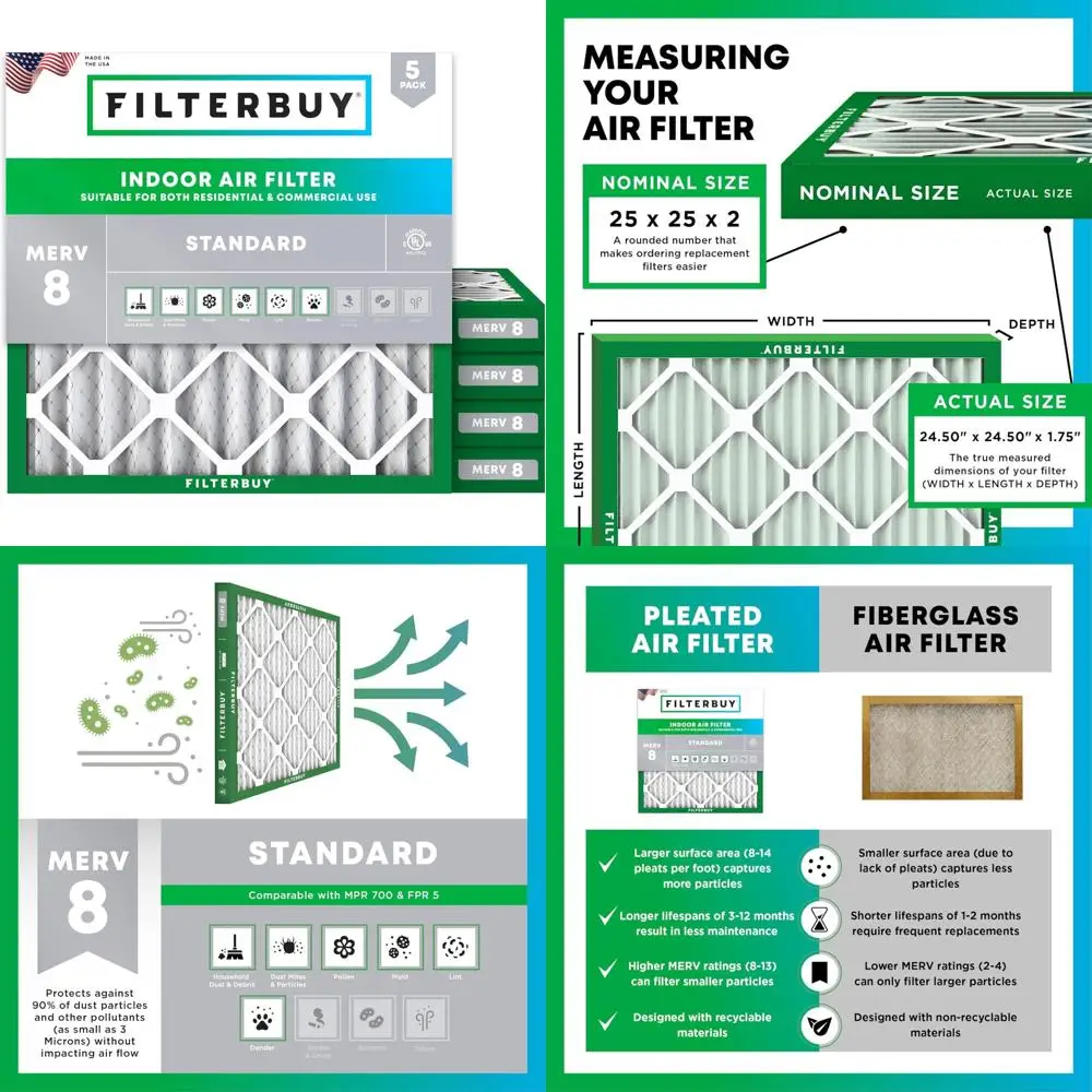 

25x25x2 MERV 8 Air Filters - 5 Pack Dust Defense Replacement for HVAC AC Furnace Systems