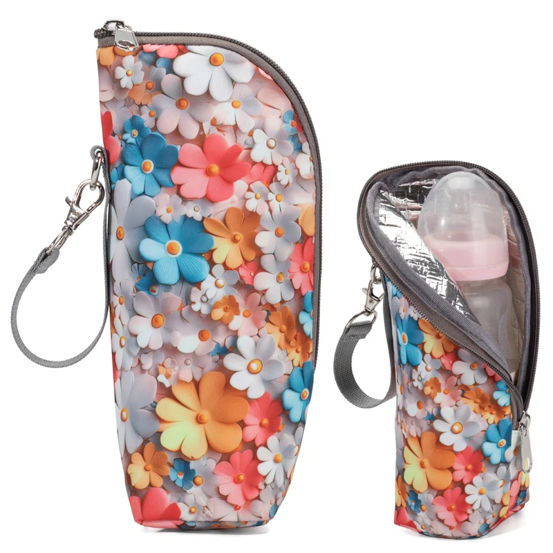 Floral Prints Baby Bottle Bag Bottle Warmer Baby Feeding Aluminum Mold Insulation Outing Stroller Hanging Bag For Storage