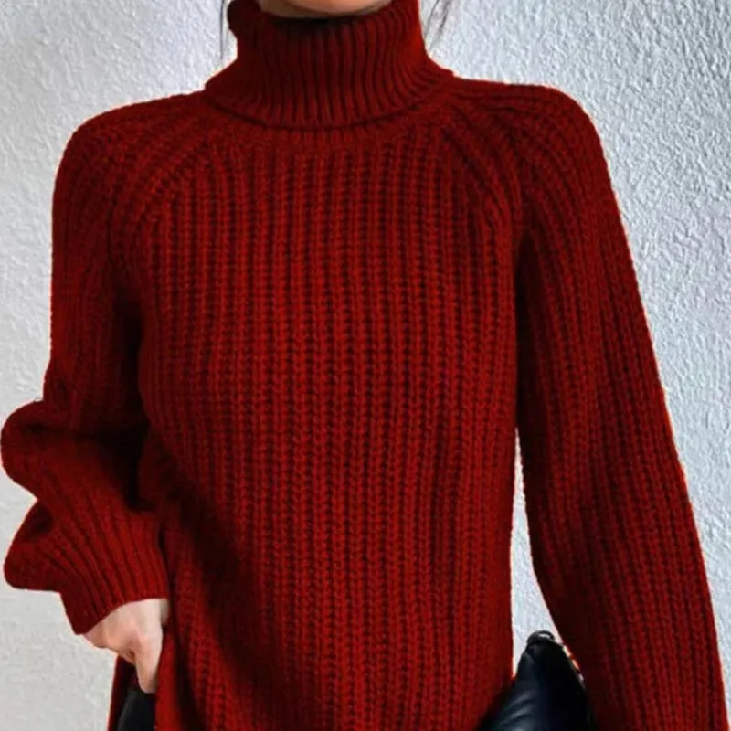 Women's Sweater Autumn Winter Solid Color Long Sleeve High Collar Knitted Top Soft Comfortable Loose Warm Office Ladies Pullover
