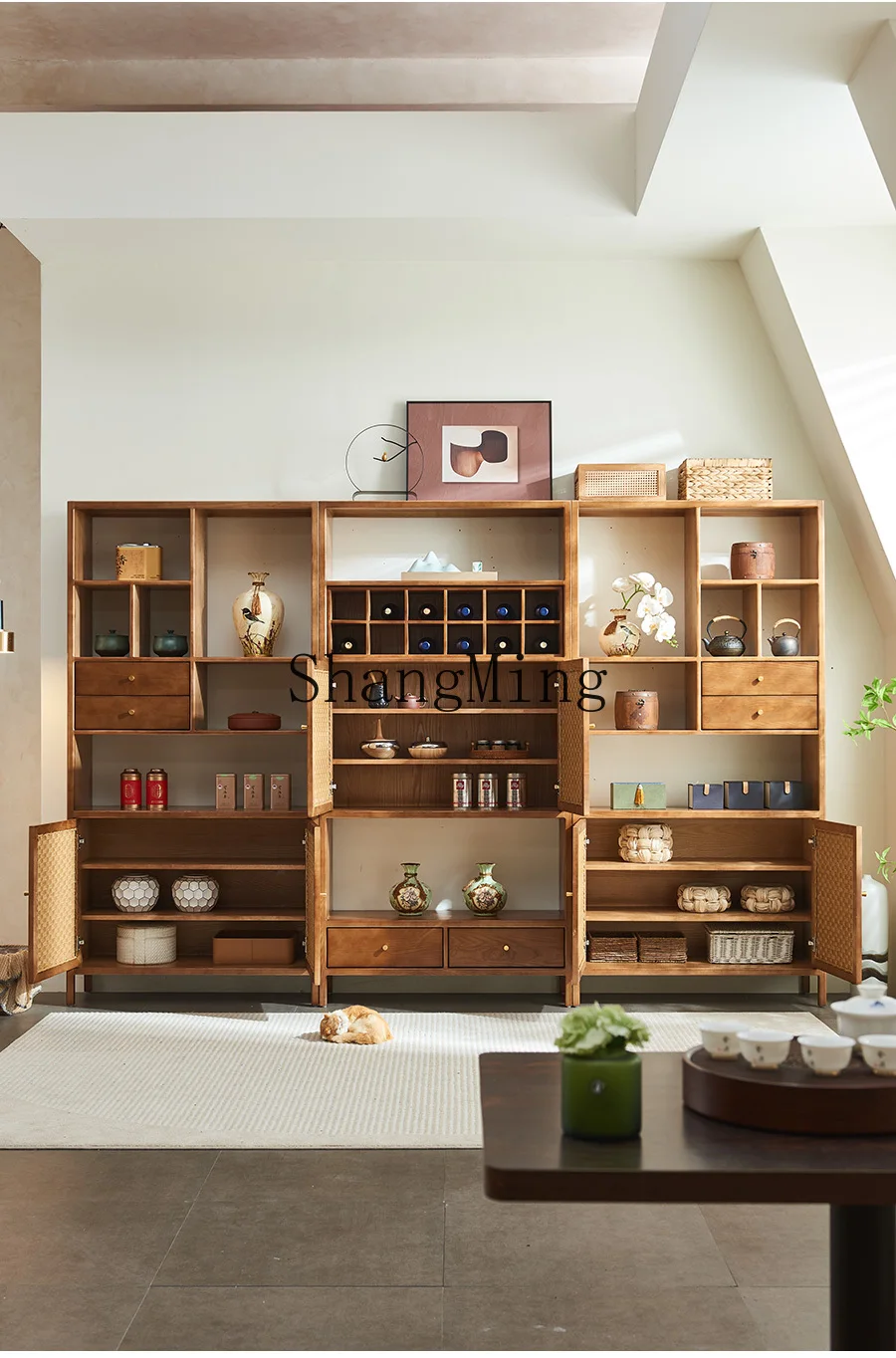 ZYH solid wood rattan storage tea room display cabinet medieval wabi-sabi tea storage cabinet