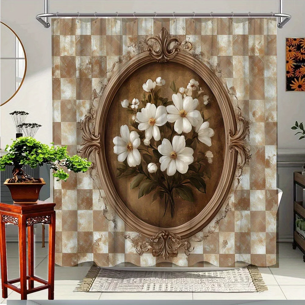 

1 шт. занавеска для ванной комнаты с цветочным принтом и элегантными белыми цветами и бежевым фоном - драпировка для перегородки ванны из полиэстера,