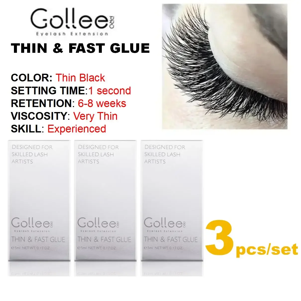 Gollee Eyelash extension glue Glue for False Eyelashes for Home use Eyelash Extension Professional 1s Quickly Dry Waterproof