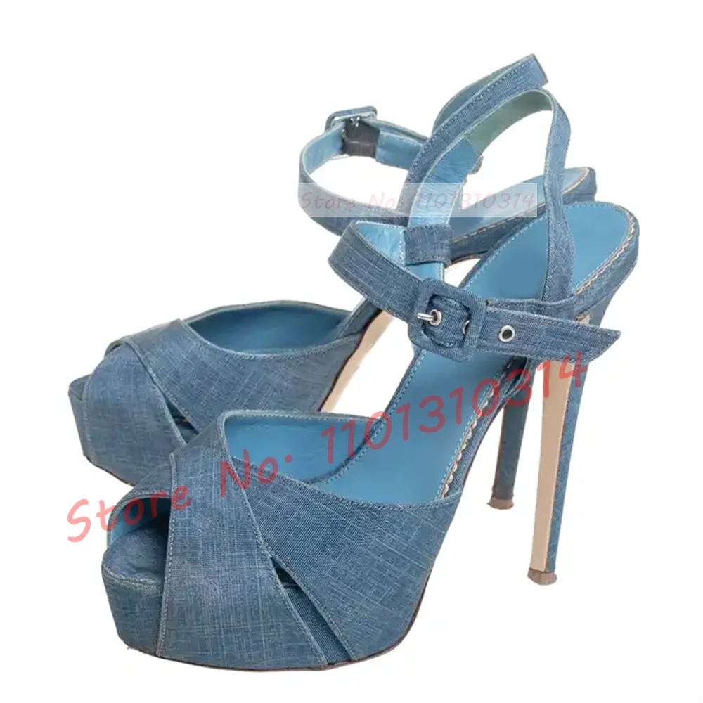 Covered Platform Diamond Sandals Women Glittery Cross Strap High Thin Heels Shoes Female Summer New Denim Elegant Party Sandals image 4