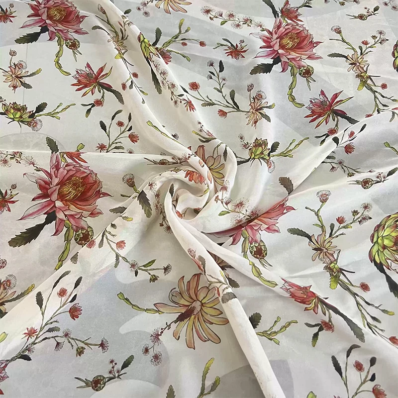 1 meter 100% Mulberry Silk 12 momme Chiffon Silk Fabric Light Pink Flowers Printed 140cm 55" wide by the yard XX550