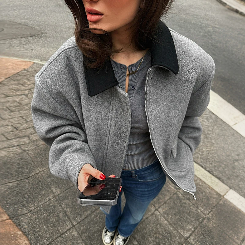 Panzerkragen, lange Ärmel, übergroße Wollmäntel für Damen, Street-Style, umklappbarer Kragen, Reißverschluss, lockere Jacken, modische Damen-Oberbekleidung, neu. – Detail 3