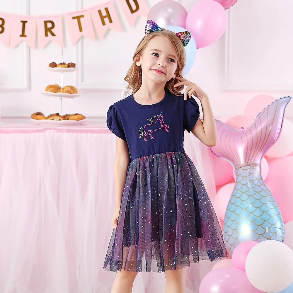 DXTON Cartoon Children Clothing Cotton Toddler Girls Dresses Unicorn Birthday Party Princess Dress Summer Short Sleeve Dresses