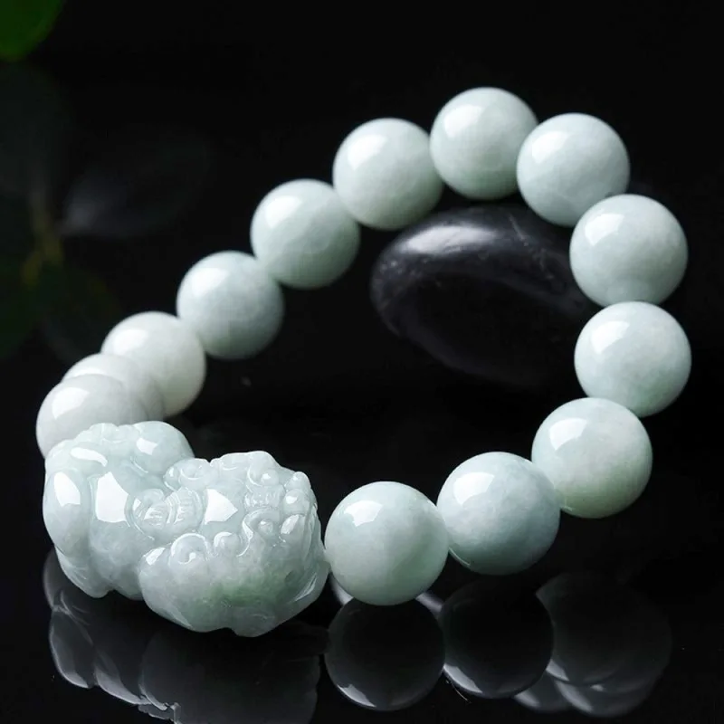 

Real Natural Grade A Jade Jadeite Lucky Pixiu 13mm Glossy Round Beaded Bracelet