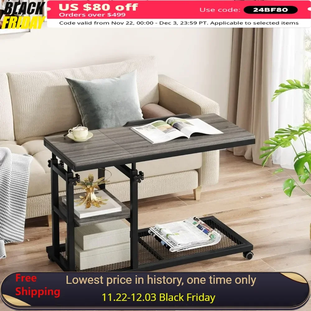 Solid Wood End Table,Height Adjustable Table with Wheels, with Tiltable Drawing Board, with Shelvesend Tables,Storage End Tables