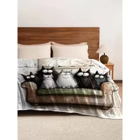 Funny Cartoon Cats on Sofa Print Soft Fleece Blanket Cozy Bed Cover for Home Decor