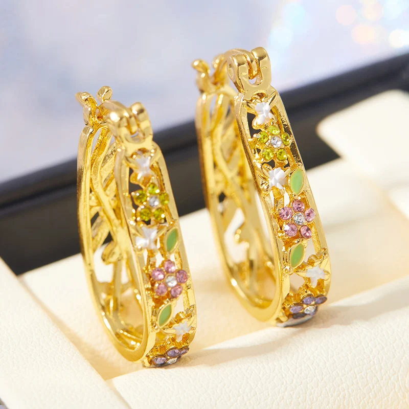 Exquisite Fashion Creative Gold Silver Color Flower Colorful Flower Zircon Earrings Fashion Accessories Wedding Daily Jewelry