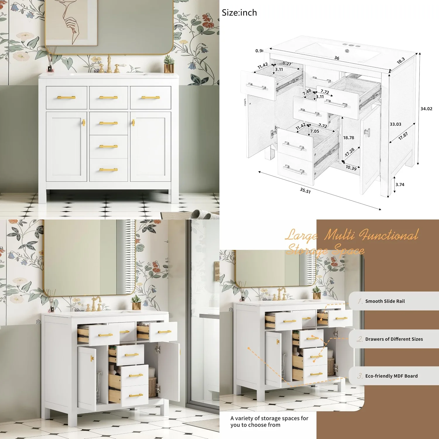 

36" Single Sink Bathroom Vanity Storage Cabinet Solid Wood Frame White Customized
