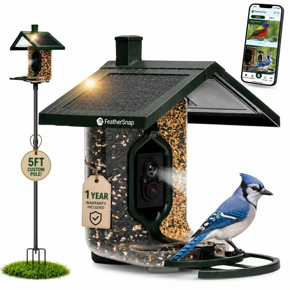 Smart Bird Feeder with Camera – Solar Powered AI Bird ID 1080p HD Night Vision – Includes Mounting Pole – Bird Feeder