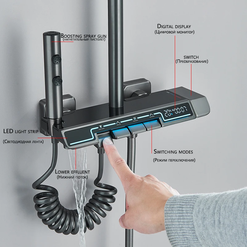 Smart Digital Display LED Cold Hot Shower Faucet 4 Piano Button Function with 3 Modes Handshower 2 Modes Booster Spray Gun