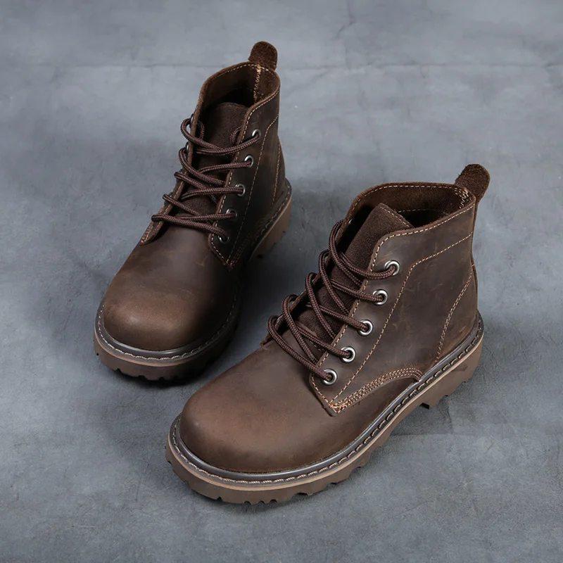 Retro Vintage Leather  Boots Unisex Outdoor Motorcycle Short Boots Cross Buckle Fashionable round Toe Low Heel Rubber Sole