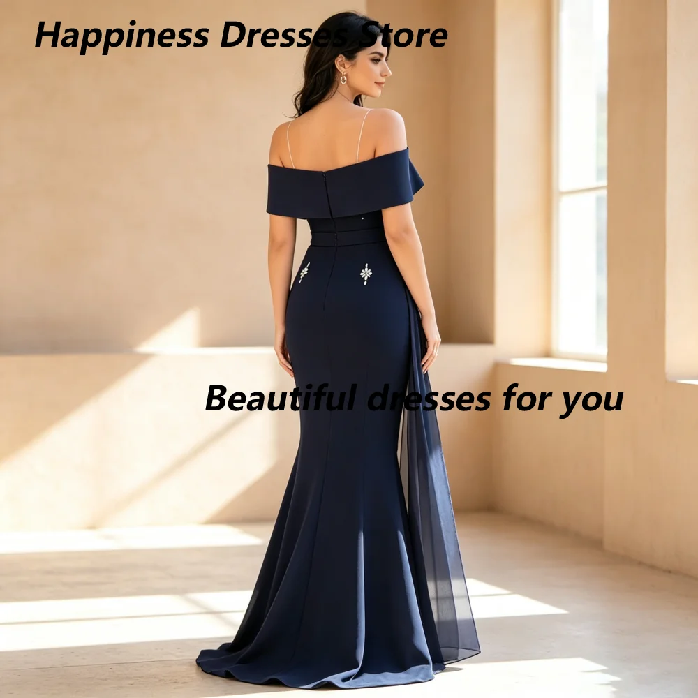 Customized Navy Blue Mermaid Mother Of The Bride Dresses Off Shoulder Crystal Floral Appliques Sash Train Wedding Guest Gown