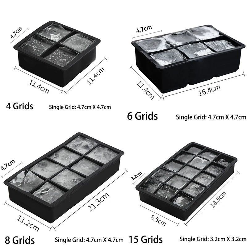 4/6/8/15 Grid Big Ice Tray Mold Box Large Food Grade Silicone Ice Cube Square Tray Mold Diy Bar Pub Wine Ice Blocks Maker Model