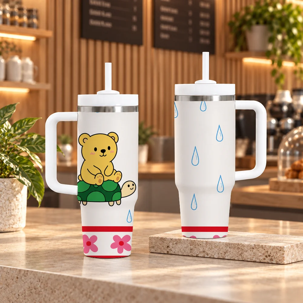 Cute Turtle Adventure Gift Vacuum Flasks 40oz em Aco Inoxidavel com Alca e Canudo, Caneca de Viagem a Prova de Vazamentos