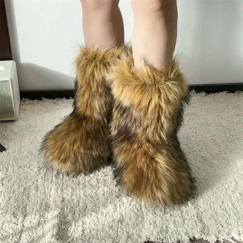 

Brand New Winter Fashion Fur Jumpsuit Raccoon Fur Women's Snow Boots Fur Shoes Outdoor Mid-tube Boots 2024 New