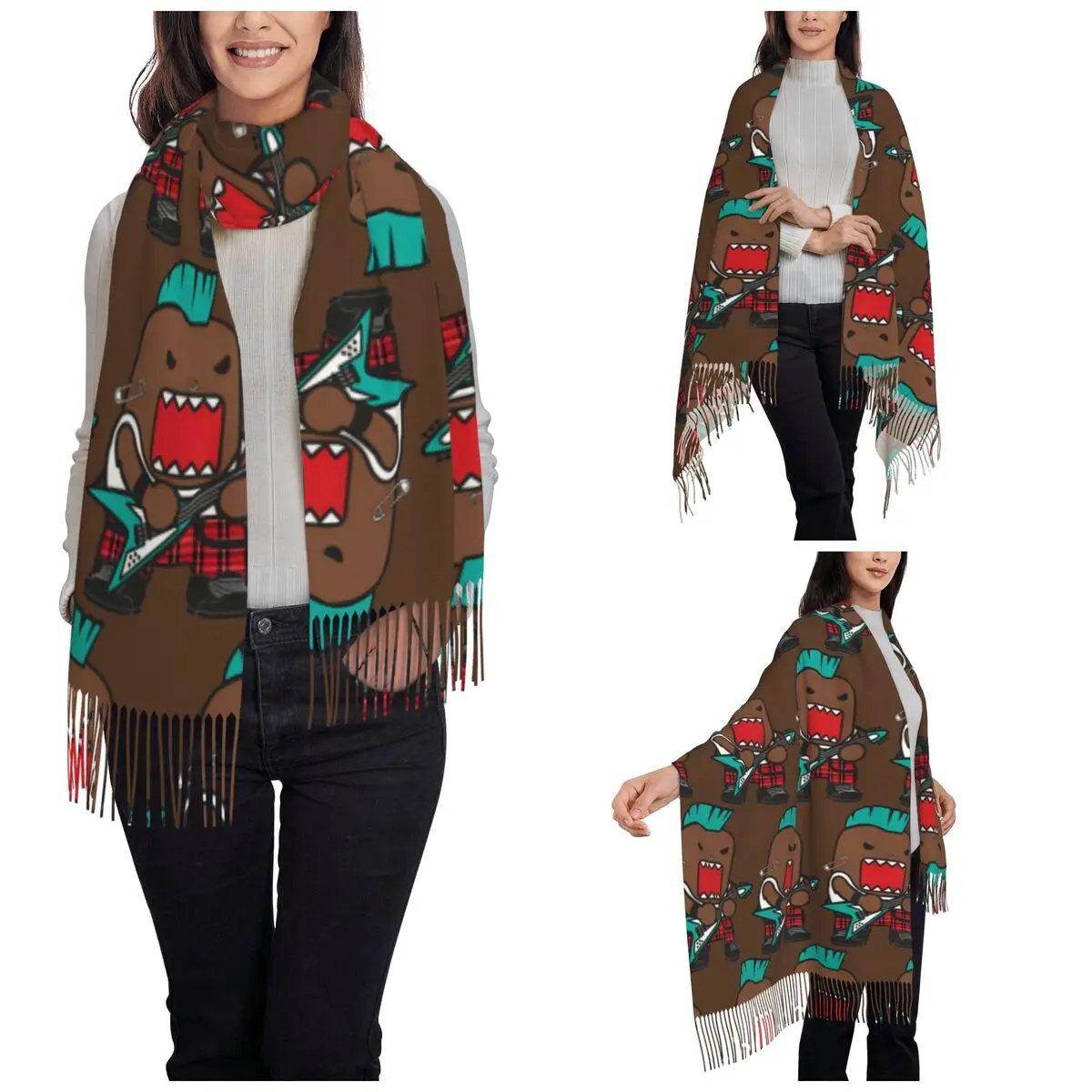 Punk Domo Kun Scarf for Womens Winter Fall Shawls and Wrap Animation Cartoon Brown Domo Large Shawl Scarf Ladies