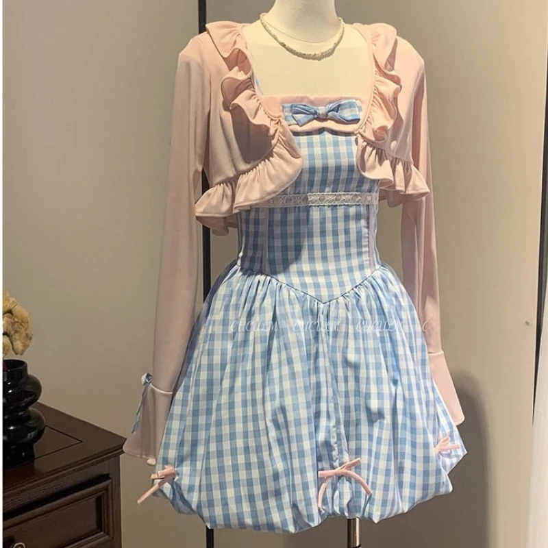 

Sweet Korean Summer Fashion All Match Y2k Two Piece Sets Preppy Style Constrast Color Plaid Puffly Sling Dress Pleated Cardigan