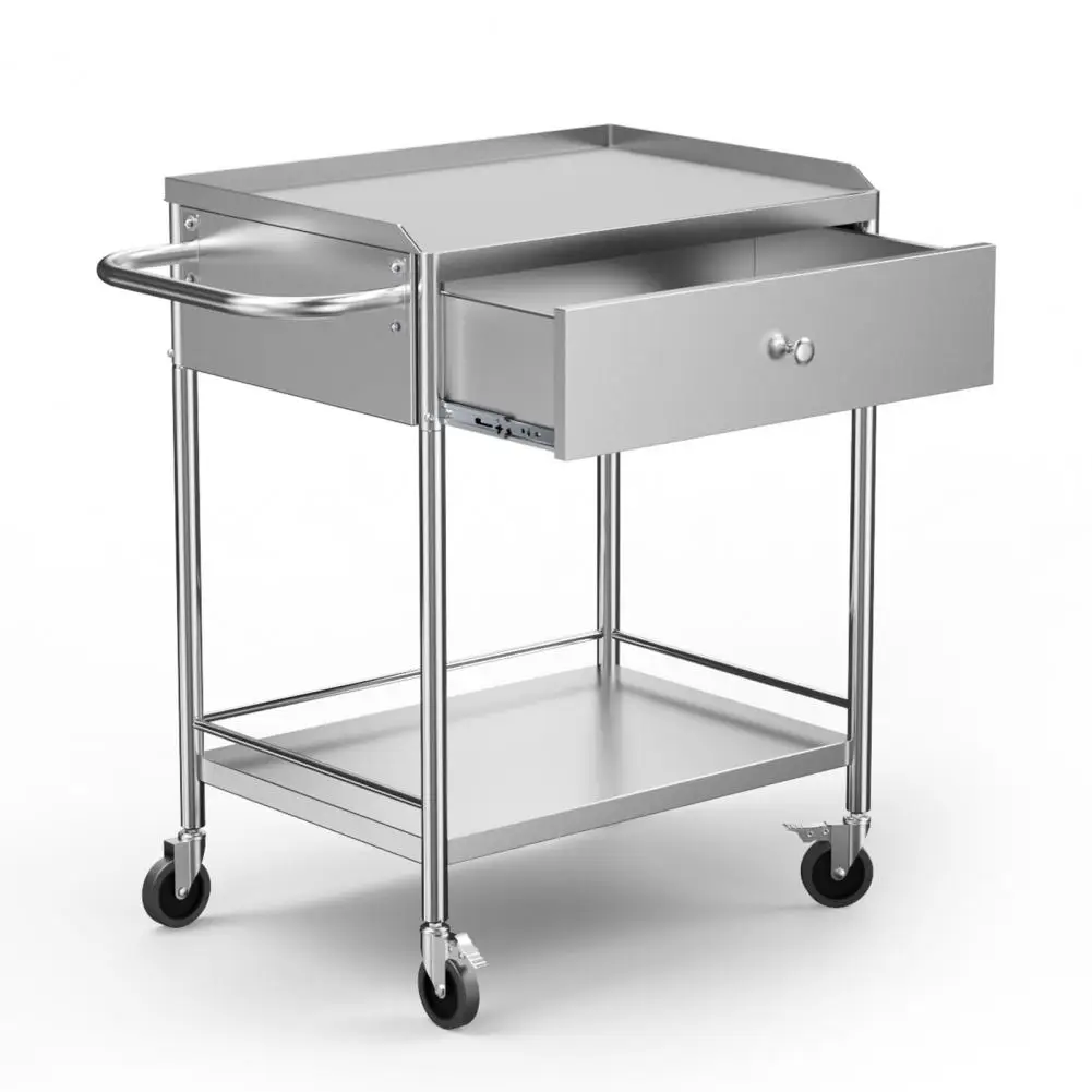Stainless Steel Utility Cart with 360° Silent Casters, 2‑Tier Shelves & 1 Drawer, Rolling Metal Storage Cart for Medical, Dental
