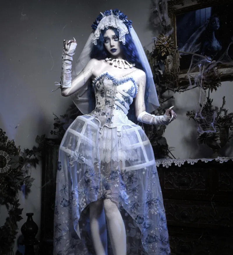 Nuevo cadáver novia Fiesta carnaval Halloween Cos Cosplay ropa gótica mujeres costilla encaje corsé corpiño tirantes vestido