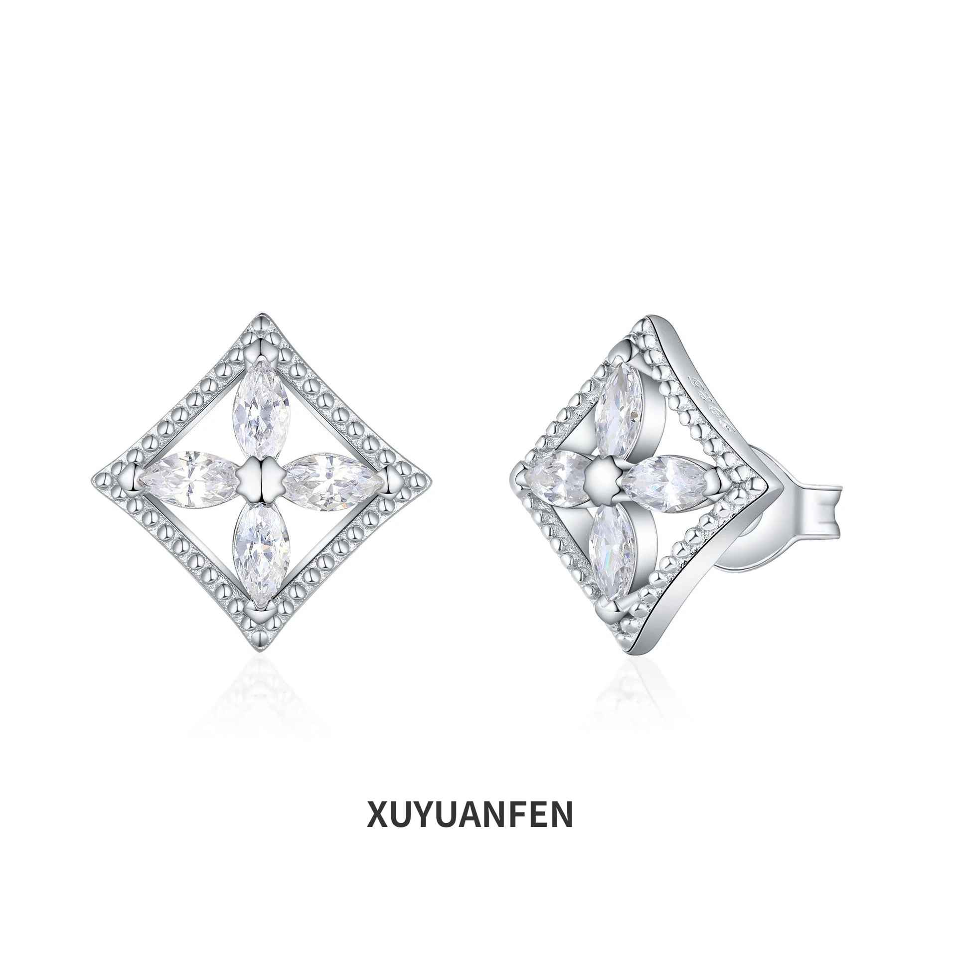 XUYUANFEN Cross Border Pure Silver Horse Eye Zircon Square Earrings with European and American Style Clover Earrings for Foreign