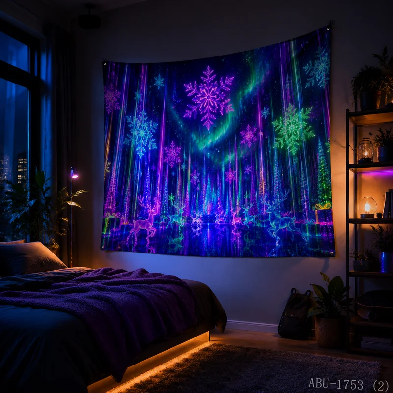 VIKAMA Neon Purple Green Aurora Forest Reindeer Herd Light Pillar Tree Gift Snow Reflection Christmas Tapestry Wall Hanging Soft