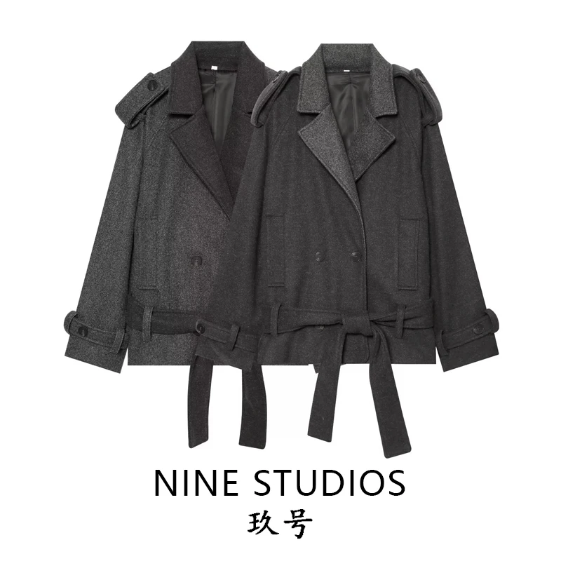 Fashionable Short Coat Jacket Women's Windbreaker with Belt Turn-down Collar Long Sleeve Winter Outerwear No Hat Double Button