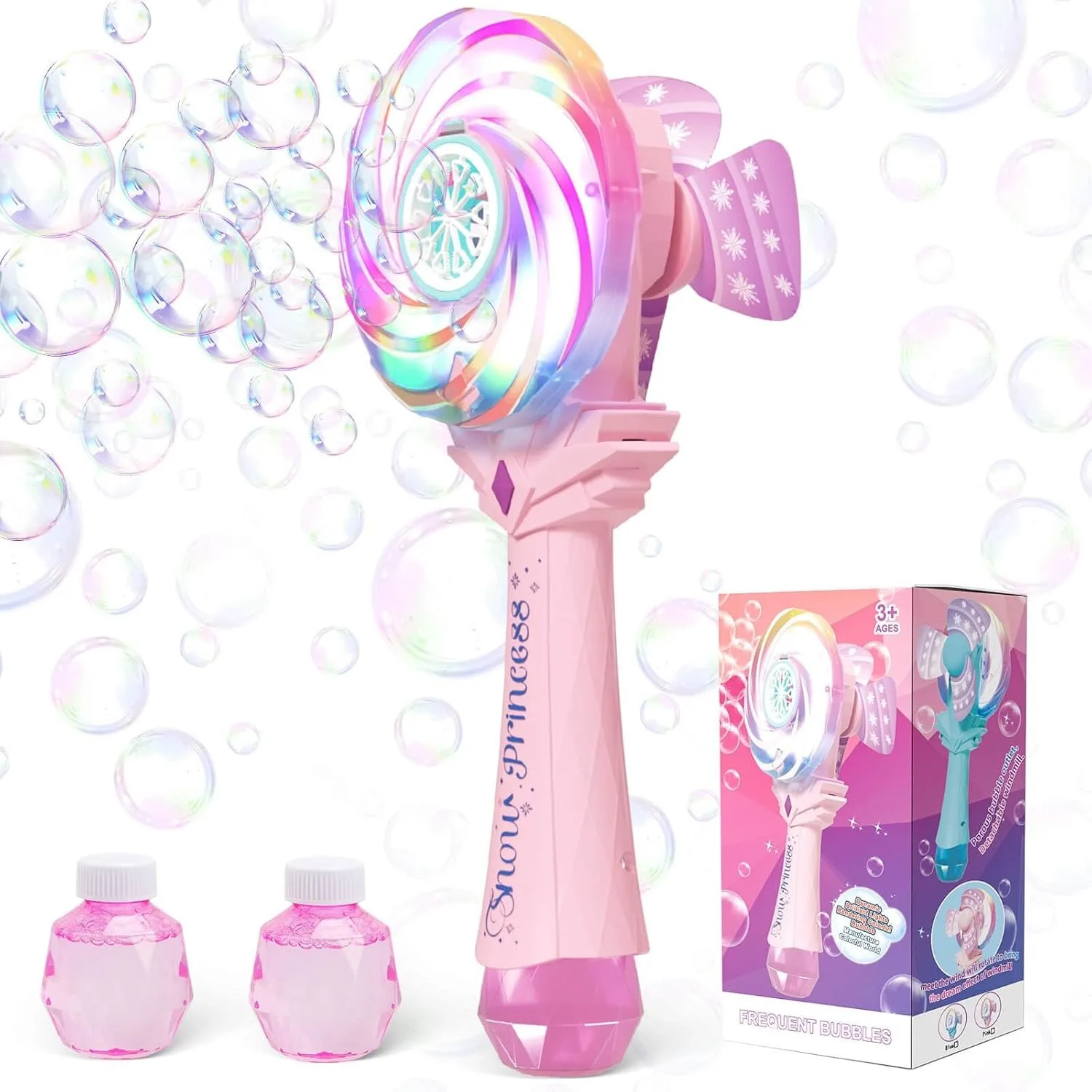 Automatic Bubble Machine for Kids，Windmill Design, Lights, Rechargeable, Includes 2 Bubble Solutions, Outdoor Party Toy, Pi