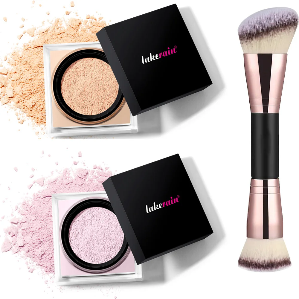 2 Count Loose Setting Powder & Brush Long Lasting Waterproof Oil Control Matte Natural Brightening Face Powder Cosmetics