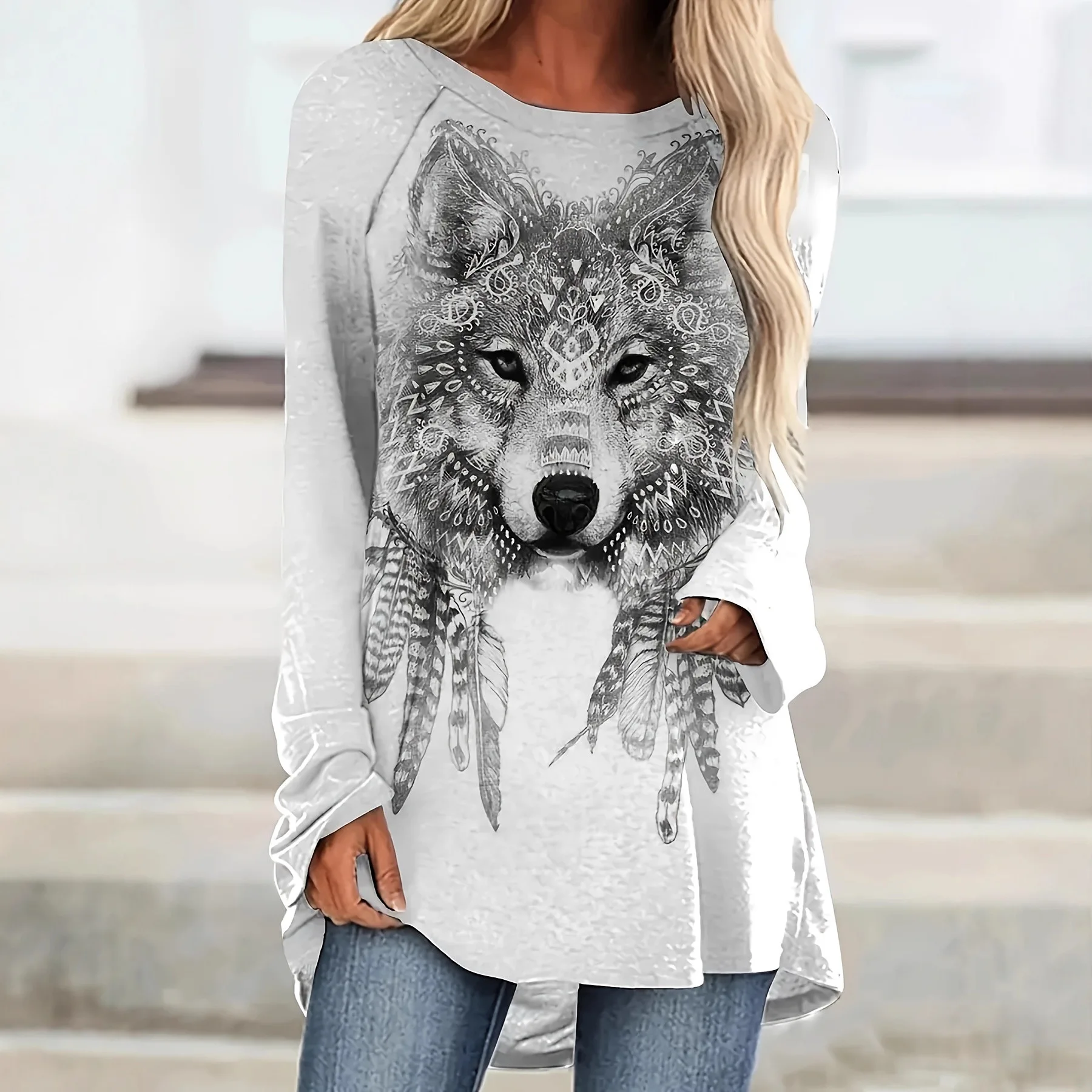 

Casual Pullover Round Neck Long Sleeved Grey Blouse Tops Wolf Animal Print Women's Long ST Shirt Gray Blusas Femininos