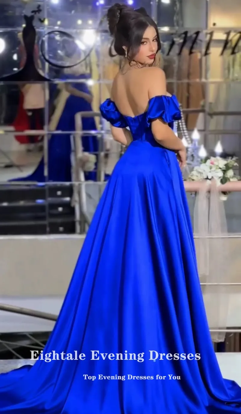 Eightale ROYAL BLUE ชุดราตรีที่กําหนดเองปิดไหล่แขนสั้น A-Line ซาตินชุดราตรีชุดแต่งงาน