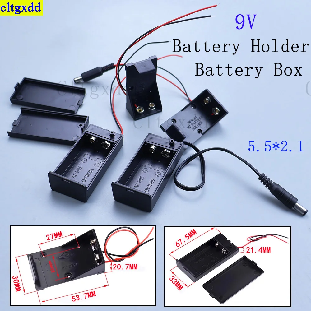 

Cltgxdd 1piece 9V square battery holder battery box plug DC 5.5x2.1MM with lead switch cover battery buckle