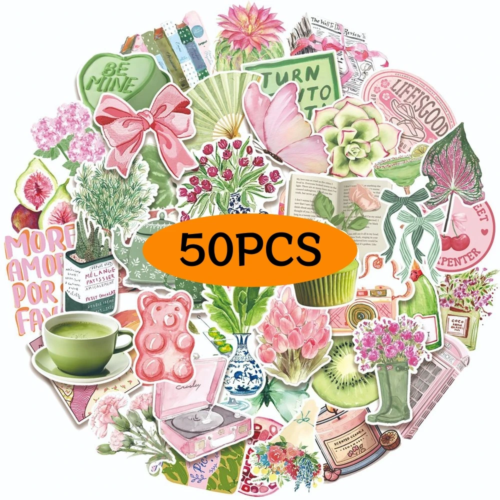 50Pcs Pink Green Vintage Stickers Aesthetic Cottagecore Decal for Scrapbooking Notebook Luggage Laptop Skateboard Sticker