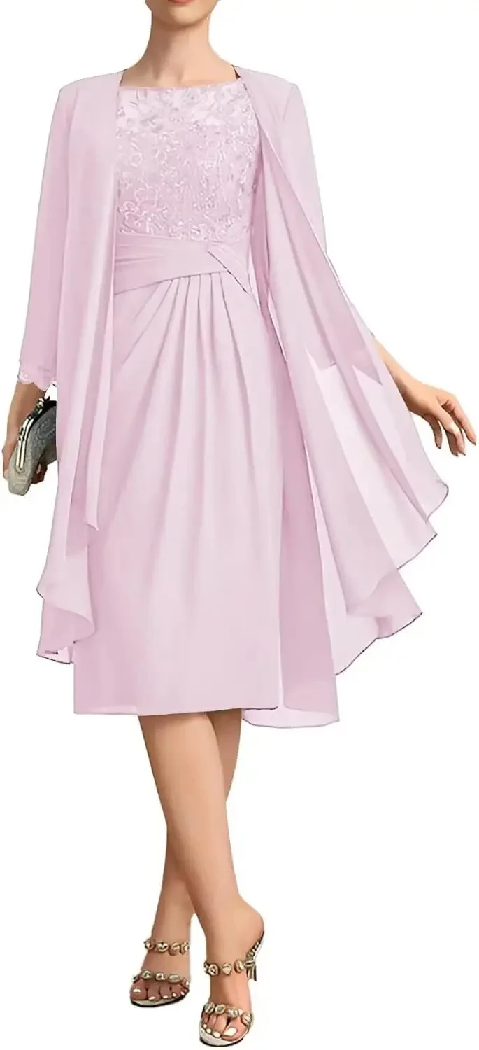 QMANSHA Maßgeschneidertes staubblaues Spitzen-Chiffon-Abendkleid in Knielänge für die Brautmutter mit geraffter Taille – Detail 18