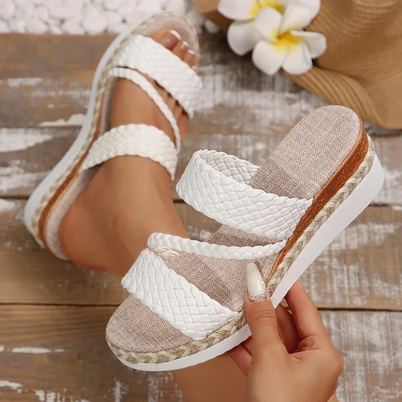 

Women Shoes New Platform Sandles Lightweight Thick Sole Woven Slippers for Women 2025 Summer Wedge Heels Sandals Woman Plus Size