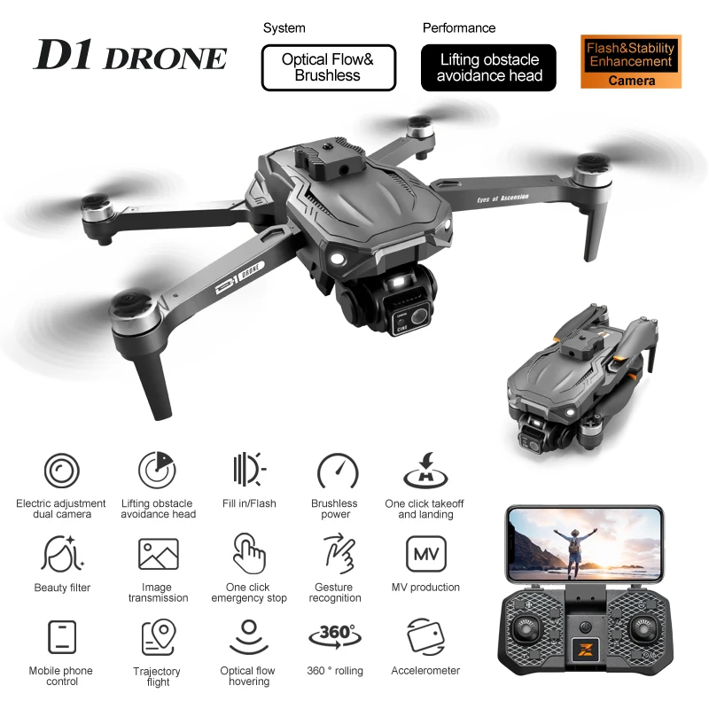 D1 Drone com Câmera Profissional HD Dual, Motor Brushless, WIFI, Evitar Obstáculos, RC Helicóptero, Fotografia Aérea, Quadcopter