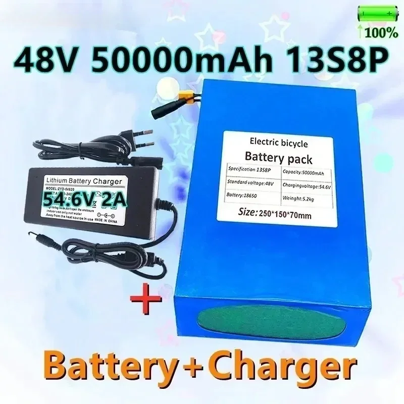 18650 Battery Lithium-ion Battery Pack 48V 50000mAh 13S8P for Electric Scooters, Bicycles, Customizable Plug, EU/US Charger