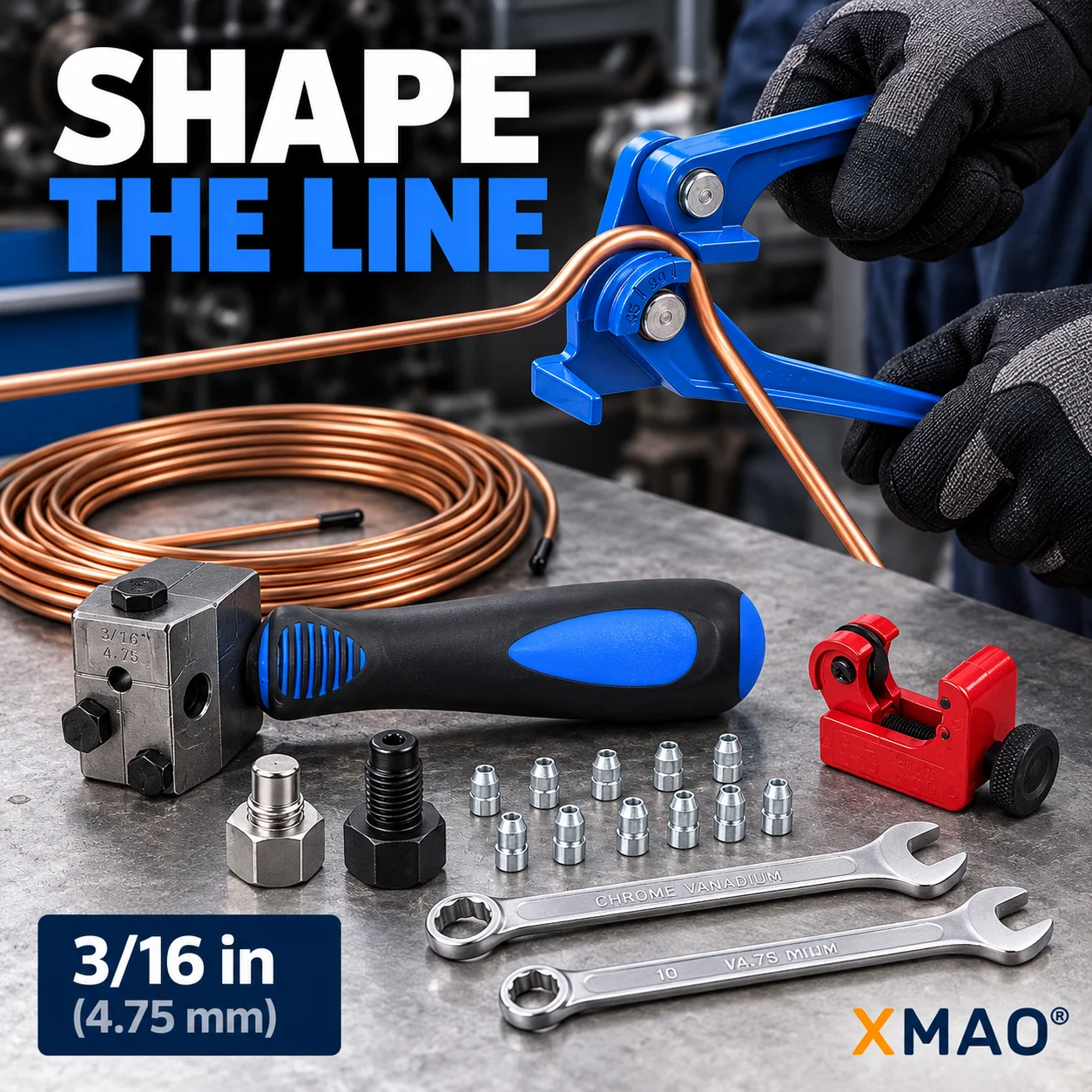 Automotive Brake Tube Flaring Kit 3/16 in 4.75 mm DIN SAE Line Repair Tools with Compact Cutter, Pipe Bender and Steel Clamp