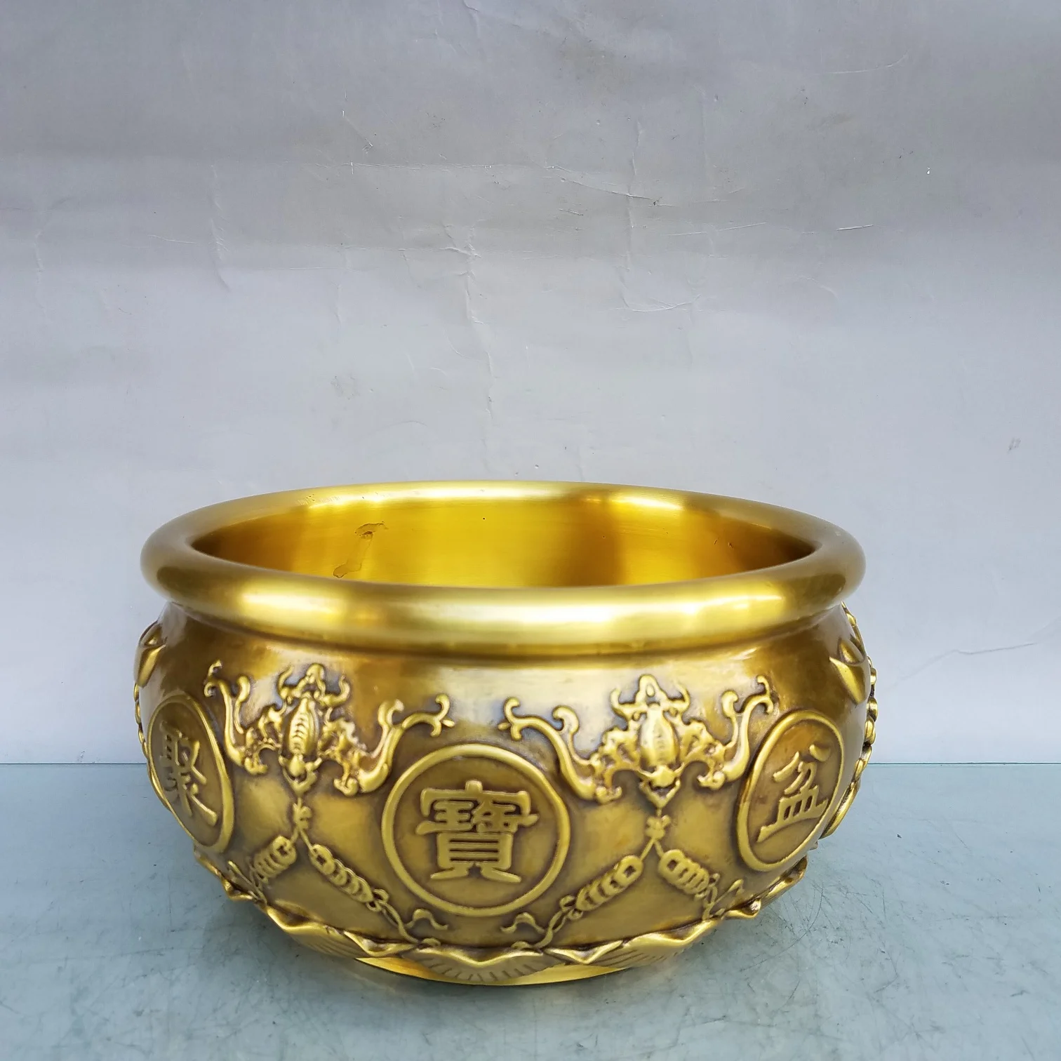 

6"Tibetan Temple Collection Old Brass Bat pattern Five Blessings Treasure Bowl writing-brush washer Gather fortune Ornament