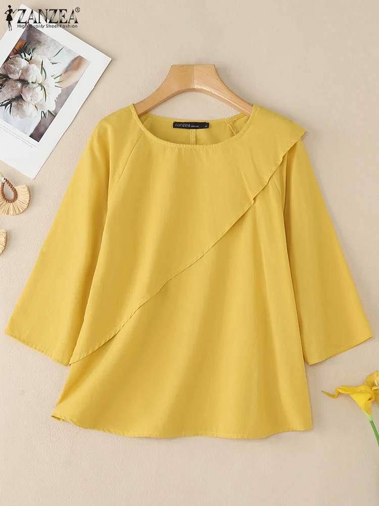 

ZANZEA Womens Casual Cotton Blouses 2025 Summer Loose Round Neck Three Quarter Sleeve Overlay Tops Everyday Solid Blusas Mujer