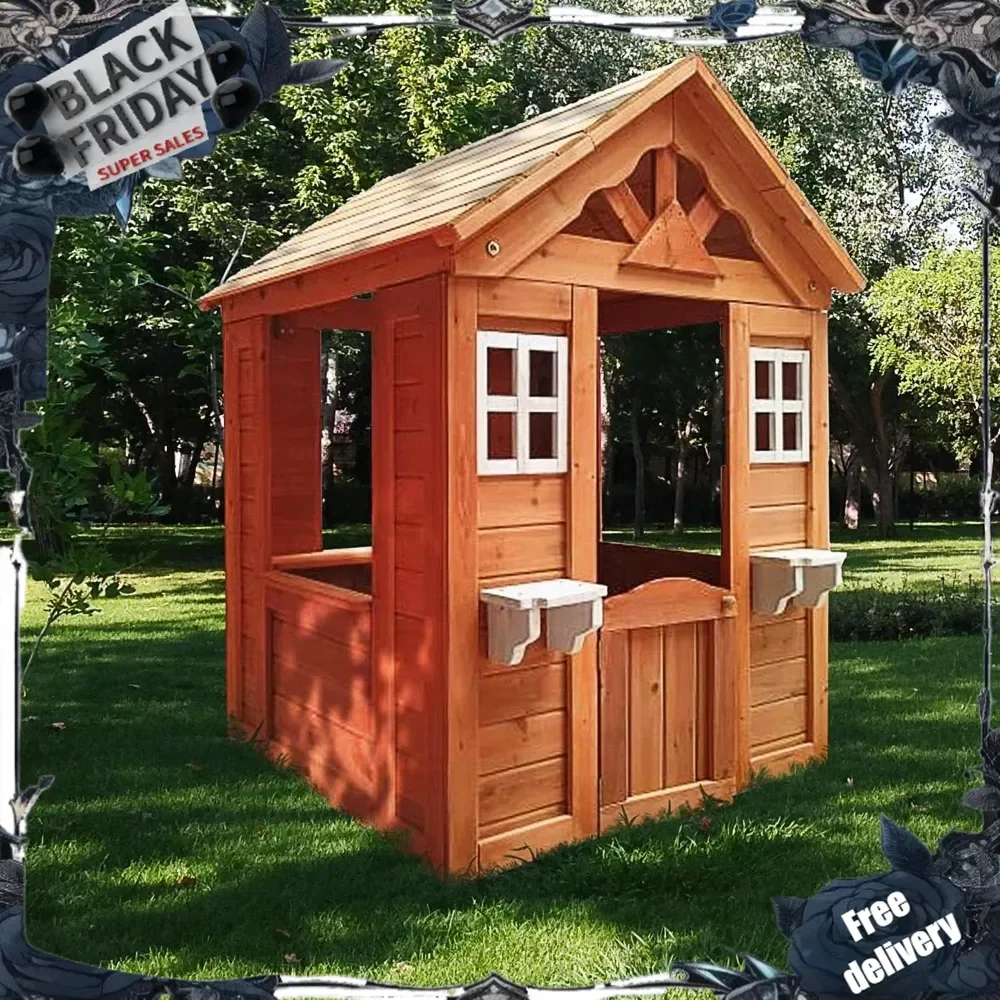 

Outdoor Playhouse for Kids Wooden Backyard Playhouse Fir Wood Pretend Game House with 2 Windows and Flowerpot Holder