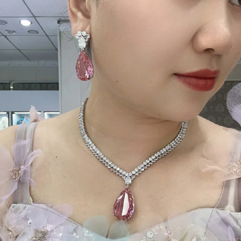 

Designer Collection Necklace Earrings Women Lady Inlay Pink Purple Drop-shape Pear-Shape Cubic Zircon Pendant High-end Jewellery