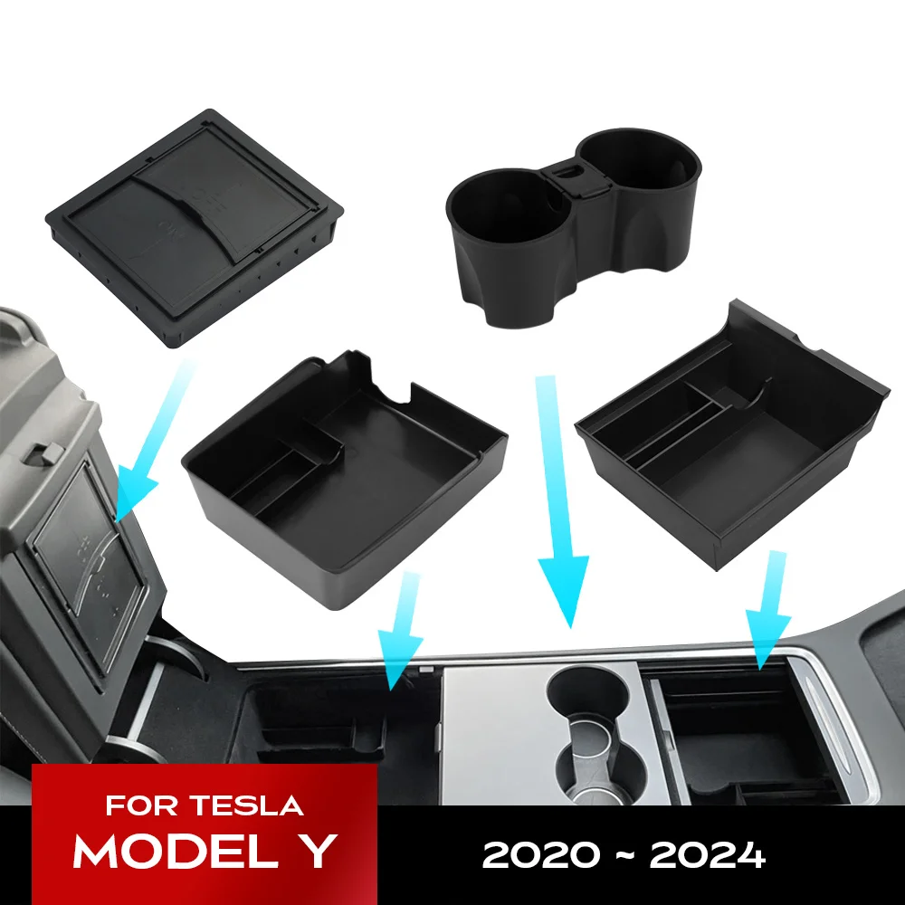 

For Tesla Model Y 2024 Hidden Storage Box Car Center Console Armrest Front and Rear Flocking Layered Grid Organized Container