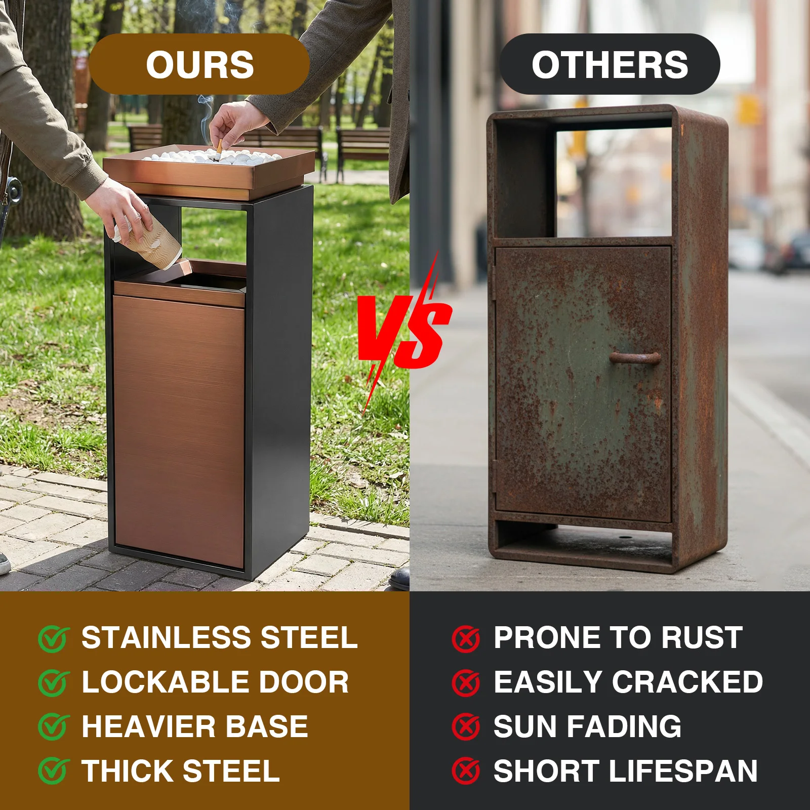 

Industrial Garbage Enclosure with Ashtray/Lid with Removable Inner Bucket 29.53x11.02x11.02in for Parks Public Spaces